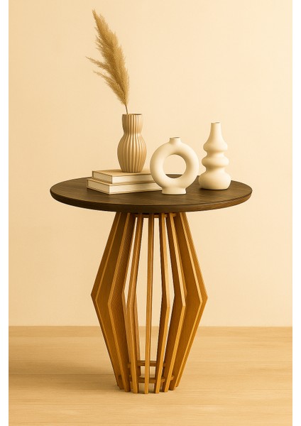 Palermo Yuvarlak Modern Klasik Rustik Retro Vintage Naturel Dekoratif Ahşap Çıtalı Yan Mantar Sehpa