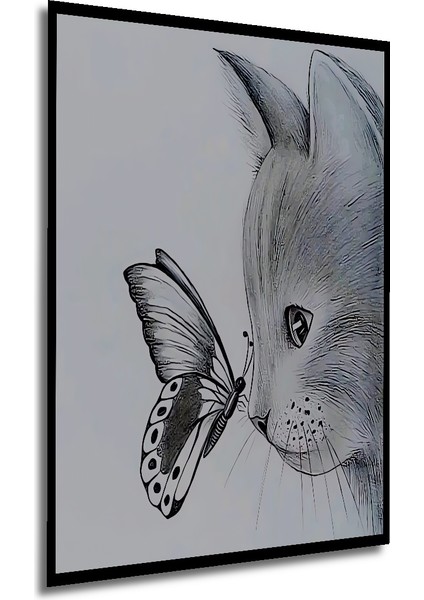 Kedi ve Kelebek Kara Kalem Görünümlü Dekoratif Ahşap Tablo Dikdörtgen Tablo