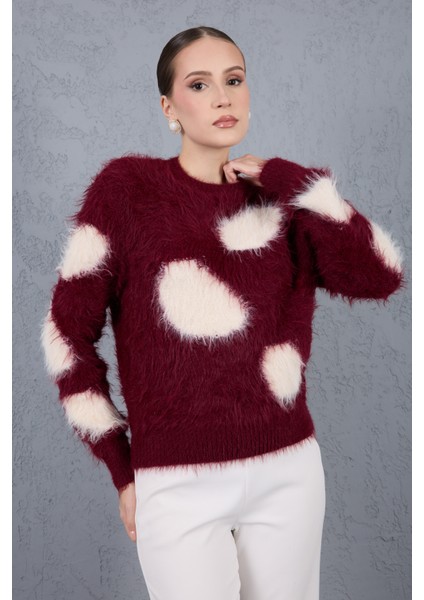 Bordo-Ekru Sakal Iplik Desenli Bisiklet Yaka Triko Kazak