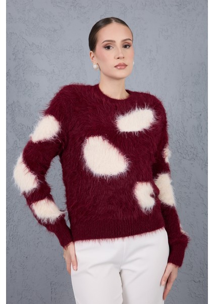 Bordo-Ekru Sakal Iplik Desenli Bisiklet Yaka Triko Kazak fiyatları