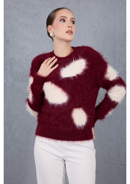 Bordo-Ekru Sakal Iplik Desenli Bisiklet Yaka Triko Kazak modelleri