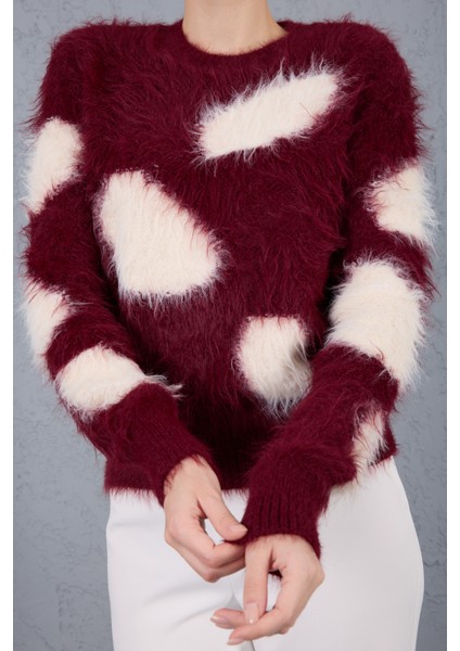 Bordo-Ekru Sakal Iplik Desenli Bisiklet Yaka Triko Kazak indirimleri