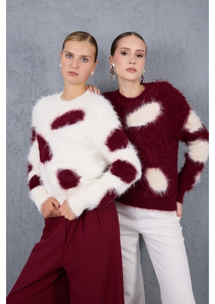 Bordo-Ekru Sakal Iplik Desenli Bisiklet Yaka Triko Kazak