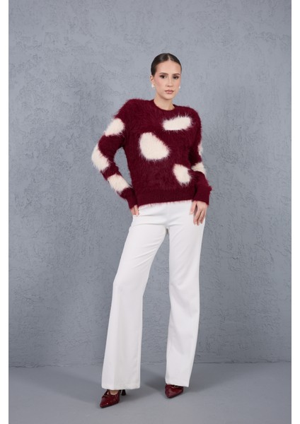 Bordo-Ekru Sakal Iplik Desenli Bisiklet Yaka Triko Kazak