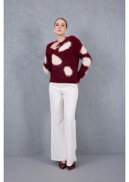 Bordo-Ekru Sakal Iplik Desenli Bisiklet Yaka Triko Kazak