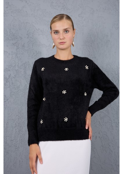 Kadın Siyah Sakal Iplik Taş ve Inci Detaylı Bisiklet Yaka Triko Kazak fiyatları