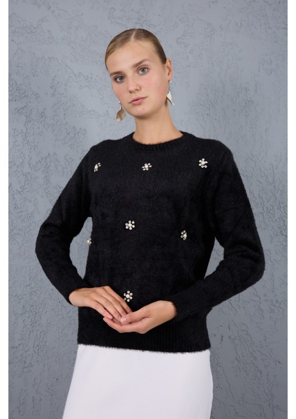 Kadın Siyah Sakal Iplik Taş ve Inci Detaylı Bisiklet Yaka Triko Kazak modelleri