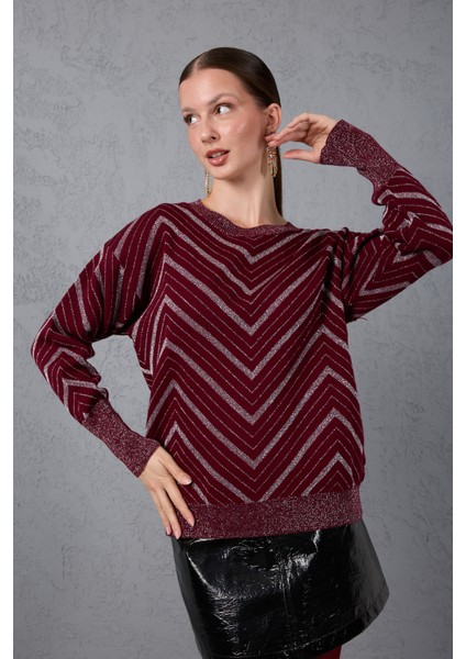 Kadın Bordo Geniş Manşetli Bisiklet Yaka Sim Desenli Triko Bluz