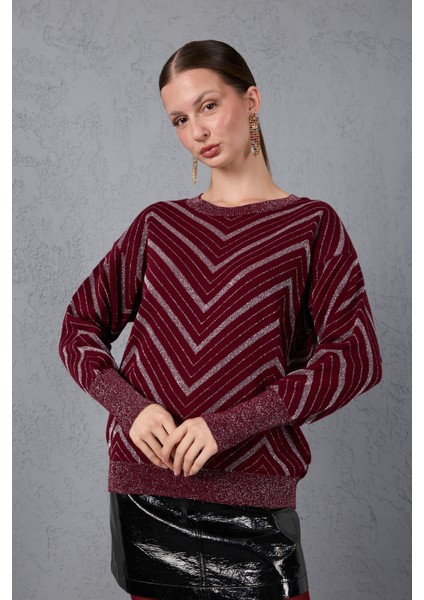 Kadın Bordo Geniş Manşetli Bisiklet Yaka Sim Desenli Triko Bluz fiyatları