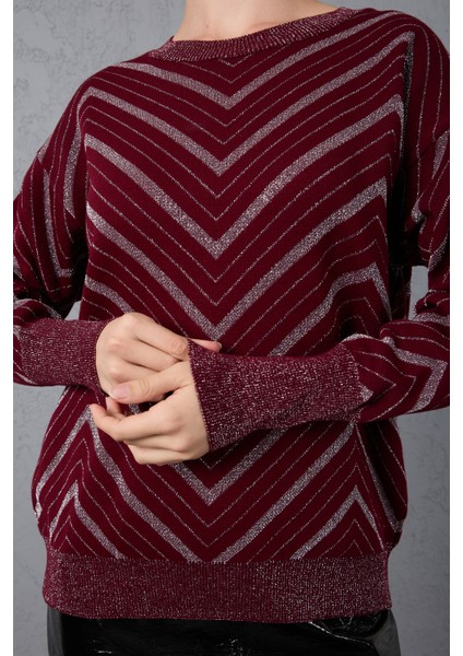 Kadın Bordo Geniş Manşetli Bisiklet Yaka Sim Desenli Triko Bluz modelleri