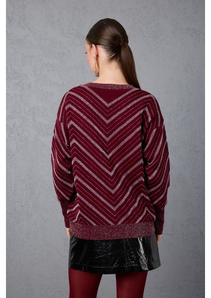 Kadın Bordo Geniş Manşetli Bisiklet Yaka Sim Desenli Triko Bluz indirimleri