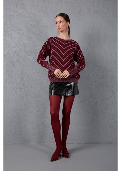 Kadın Bordo Geniş Manşetli Bisiklet Yaka Sim Desenli Triko Bluz