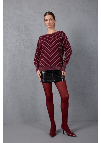 Kadın Bordo Geniş Manşetli Bisiklet Yaka Sim Desenli Triko Bluz