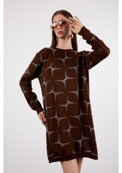 Kadın Acı Kahve Yan Yırtmaçlı Bisiklet Yaka Sim Desenli Triko Bluz