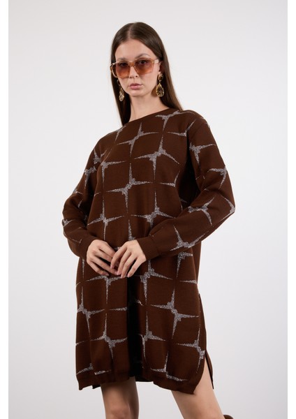 Kadın Acı Kahve Yan Yırtmaçlı Bisiklet Yaka Sim Desenli Triko Bluz fiyatları