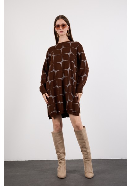 Kadın Acı Kahve Yan Yırtmaçlı Bisiklet Yaka Sim Desenli Triko Bluz modelleri