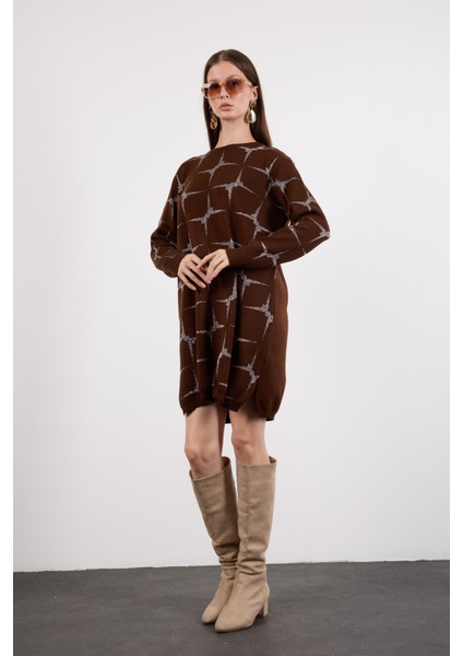 Kadın Acı Kahve Yan Yırtmaçlı Bisiklet Yaka Sim Desenli Triko Bluz fırsatları