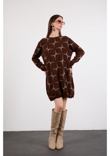 Kadın Acı Kahve Yan Yırtmaçlı Bisiklet Yaka Sim Desenli Triko Bluz indirimleri