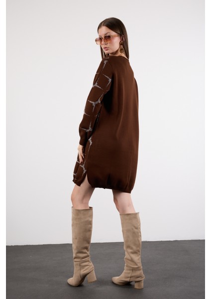 Kadın Acı Kahve Yan Yırtmaçlı Bisiklet Yaka Sim Desenli Triko Bluz