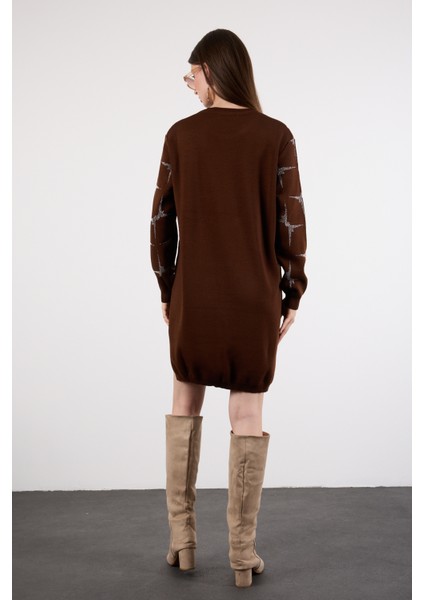 Kadın Acı Kahve Yan Yırtmaçlı Bisiklet Yaka Sim Desenli Triko Bluz