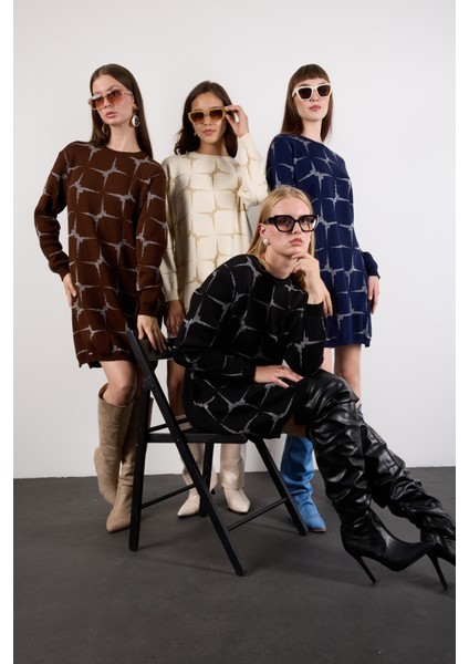 Kadın Acı Kahve Yan Yırtmaçlı Bisiklet Yaka Sim Desenli Triko Bluz