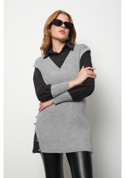 Fitilli Triko Süveterli Gömlek Ikili Kombin