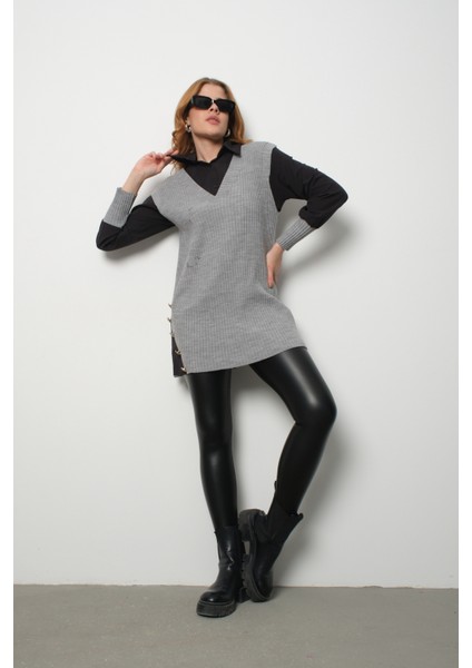 Fitilli Triko Süveterli Gömlek Ikili Kombin