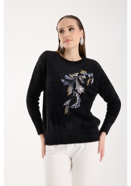 Kadın Siyah Sakal Iplik Yaprak Desenli Boncuk Nakışlı Bisiklet Yaka Triko Kazak fiyatları