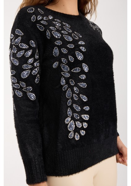 Kadın Siyah Sakal Iplik Boncuk Nakışlı Bisiklet Yaka Triko Bluz modelleri
