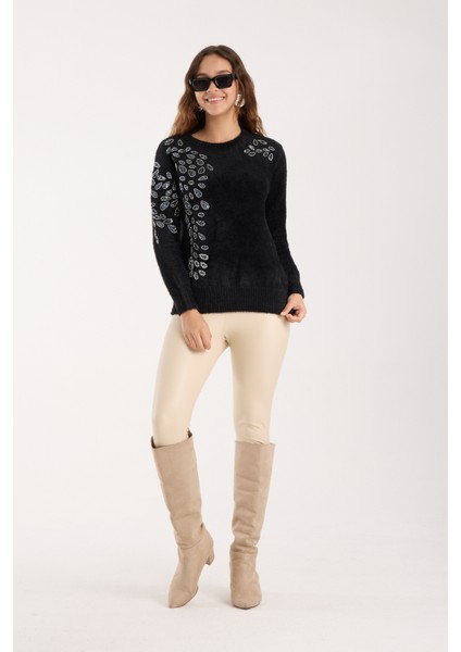 Kadın Siyah Sakal Iplik Boncuk Nakışlı Bisiklet Yaka Triko Bluz