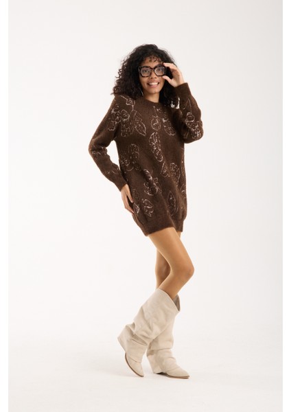 Kadın Acı Kahve Sakal Iplik Yaprak Desenli Bisiklet Yaka Triko Bluz