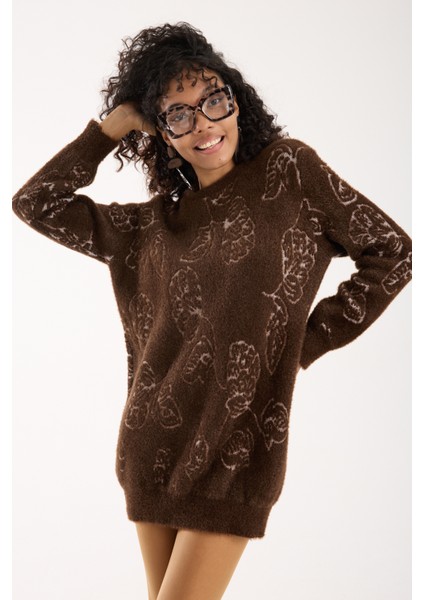 Kadın Acı Kahve Sakal Iplik Yaprak Desenli Bisiklet Yaka Triko Bluz fiyatları