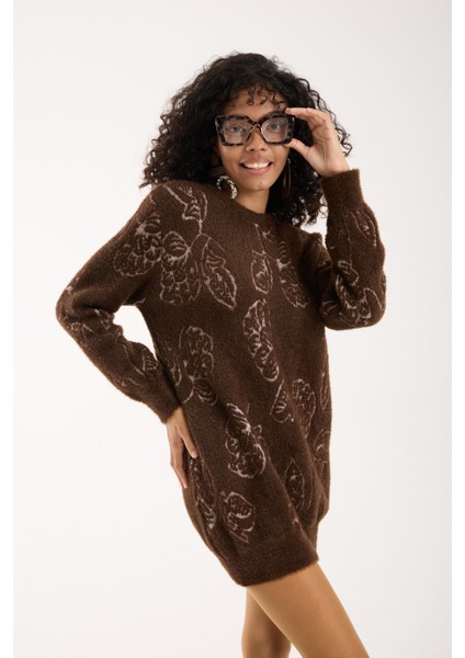 Kadın Acı Kahve Sakal Iplik Yaprak Desenli Bisiklet Yaka Triko Bluz modelleri