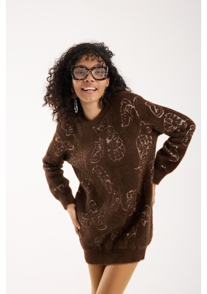 Kadın Acı Kahve Sakal Iplik Yaprak Desenli Bisiklet Yaka Triko Bluz indirimleri