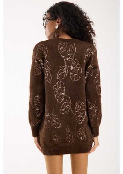 Kadın Acı Kahve Sakal Iplik Yaprak Desenli Bisiklet Yaka Triko Bluz