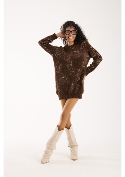 Kadın Acı Kahve Sakal Iplik Yaprak Desenli Bisiklet Yaka Triko Bluz