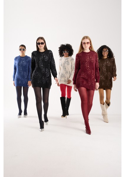 Kadın Acı Kahve Sakal Iplik Yaprak Desenli Bisiklet Yaka Triko Bluz