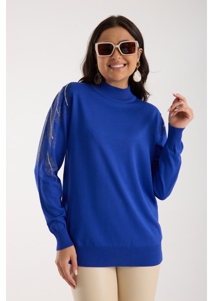 Kadın Saks Mavisi Elit Viskon Kumaş Taş Detaylı Omuzlar Yarım Balıkçı Yaka Triko Bluz indirimleri