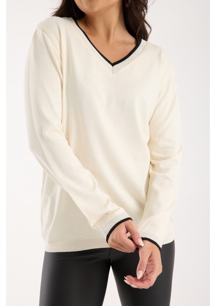 Kadın Ekru Elit Viskon Kumaş Kontrast Sim Biyeli V Yaka Triko Bluz fırsatları