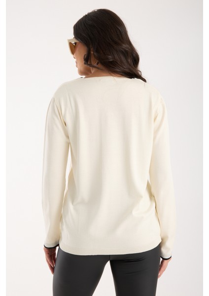 Kadın Ekru Elit Viskon Kumaş Kontrast Sim Biyeli V Yaka Triko Bluz indirimleri