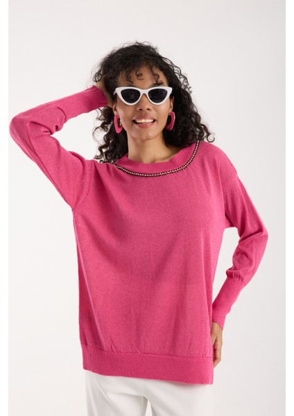 Kadın Fuşya Viskon Vortex Iplik Taş Detaylı Bisiklet Yaka Simli Triko Bluz