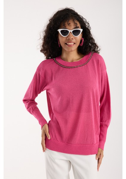 Kadın Fuşya Viskon Vortex Iplik Taş Detaylı Bisiklet Yaka Simli Triko Bluz fiyatları