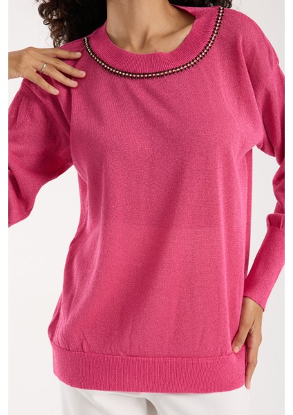 Kadın Fuşya Viskon Vortex Iplik Taş Detaylı Bisiklet Yaka Simli Triko Bluz modelleri