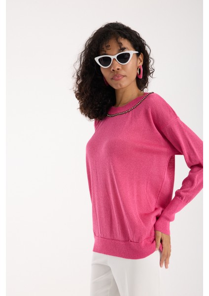 Kadın Fuşya Viskon Vortex Iplik Taş Detaylı Bisiklet Yaka Simli Triko Bluz fırsatları