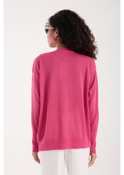 Kadın Fuşya Viskon Vortex Iplik Taş Detaylı Bisiklet Yaka Simli Triko Bluz indirimleri