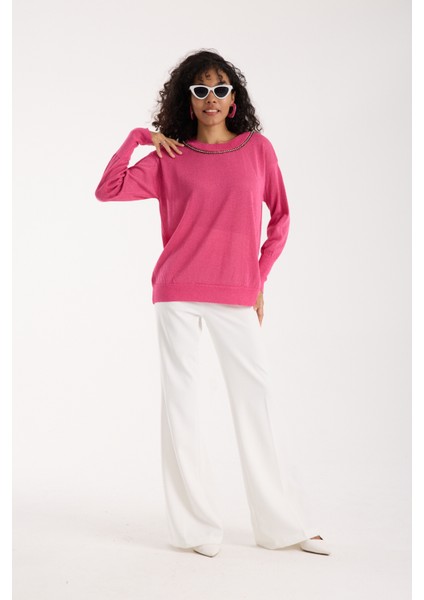 Kadın Fuşya Viskon Vortex Iplik Taş Detaylı Bisiklet Yaka Simli Triko Bluz