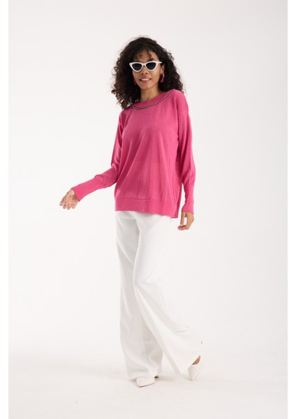 Kadın Fuşya Viskon Vortex Iplik Taş Detaylı Bisiklet Yaka Simli Triko Bluz