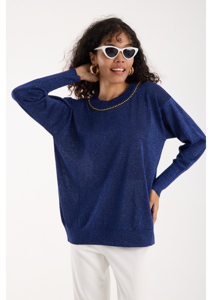 Kadın Laci Viskon Vortex Iplik Taş Detaylı Bisiklet Yaka Simli Triko Bluz