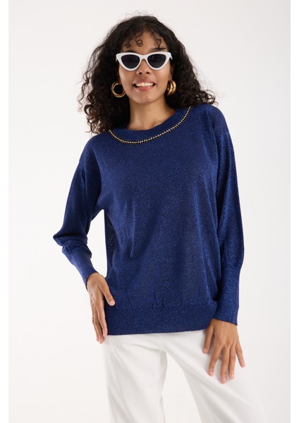 Kadın Laci Viskon Vortex Iplik Taş Detaylı Bisiklet Yaka Simli Triko Bluz fiyatları