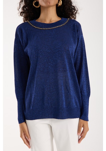 Kadın Laci Viskon Vortex Iplik Taş Detaylı Bisiklet Yaka Simli Triko Bluz modelleri